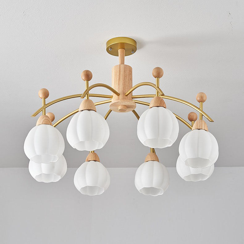 Traditioneller japanischer Eisenholzrahmen Rundglas-Schirm 6/8/10-Licht Kronleuchter für Wohnzimmer 