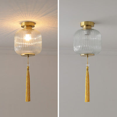Traditionelle chinesische Laterne, sphärisches Kupferglas, 1-flammig, halbbündige Deckenleuchte für Schlafzimmer 
