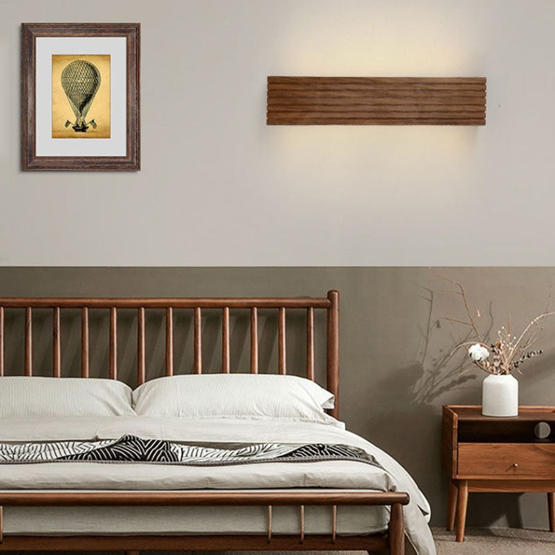 Traditional Chinese Striped Wood Cuboid LED Vanity Mirror Front Wall Sconce Lamp For Bathroom