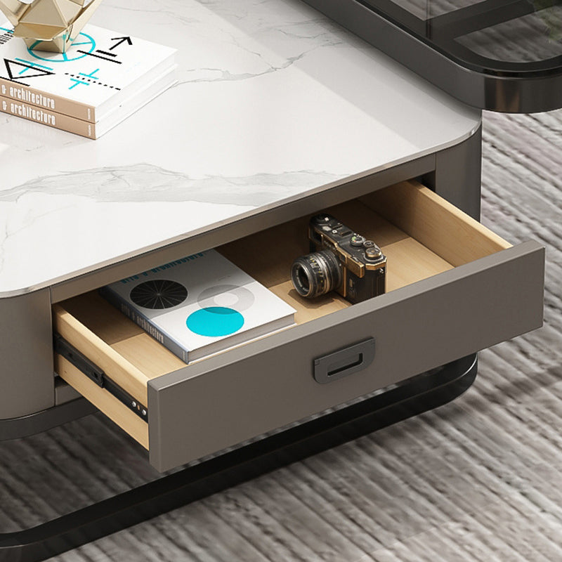 Modern Minimalist Square Rock Slab Glass Carbon Steel Faux Leather MDF Combination Coffee Table 1-Drawer For Living Room