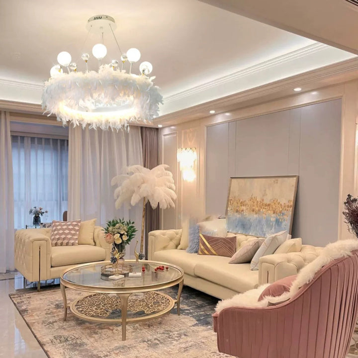 Candelabro LED con decoración de plumas y anillo acrílico creativo contemporáneo para sala de estar 