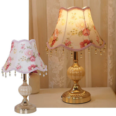 European Vintage Fabric Floral Glass Plating 1-Light Table Lamp