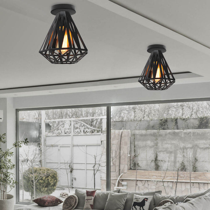 Contemporary Industrial Simple Iron Diamond Cage 1-Light Semi-Flush Mount Ceiling Light