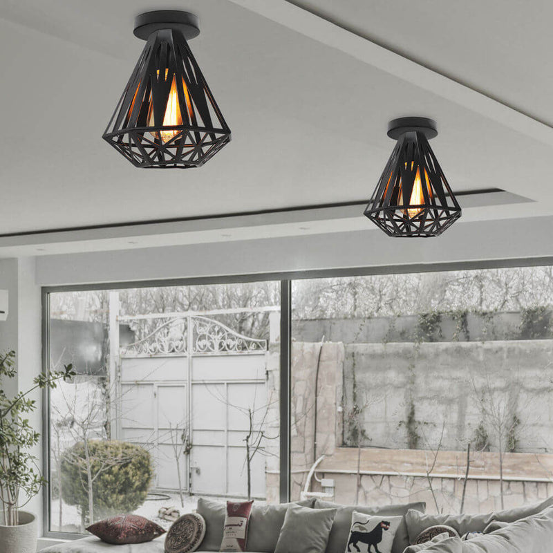 Montaje de techo semienrasado de 1 luz con jaula de diamante de hierro simple industrial 