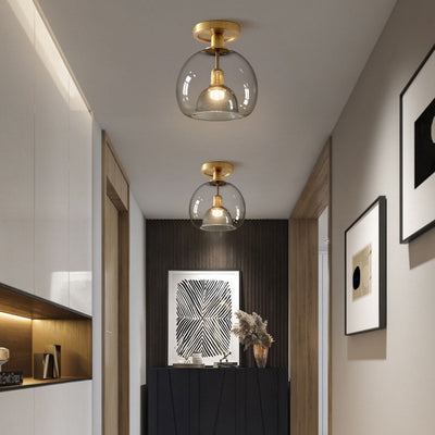 Contemporary Scandinavian Round Copper Glass 1-Light Semi-Flush Mount Ceiling Light For Living Room