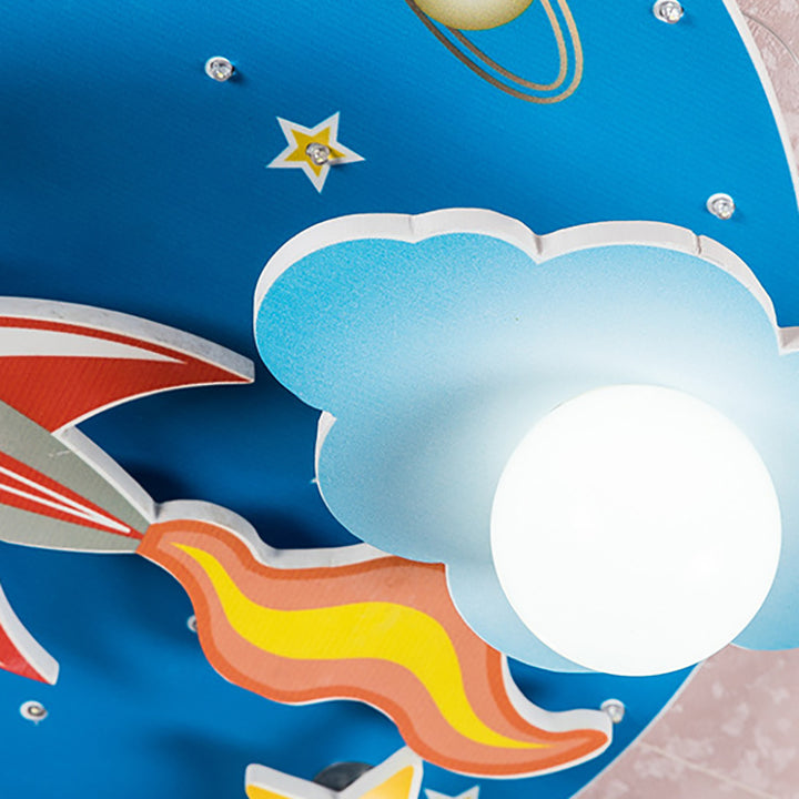 Moderna lámpara de techo LED de estilo Art Deco para niños con cohete redondo de madera y plástico y cielo estrellado para dormitorio 
