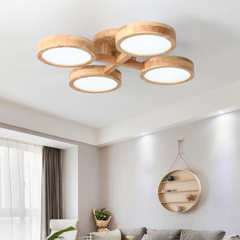 Contemporary Scandinavian Round Rubberwood LED Flush Mount Ceiling Light For Living Room