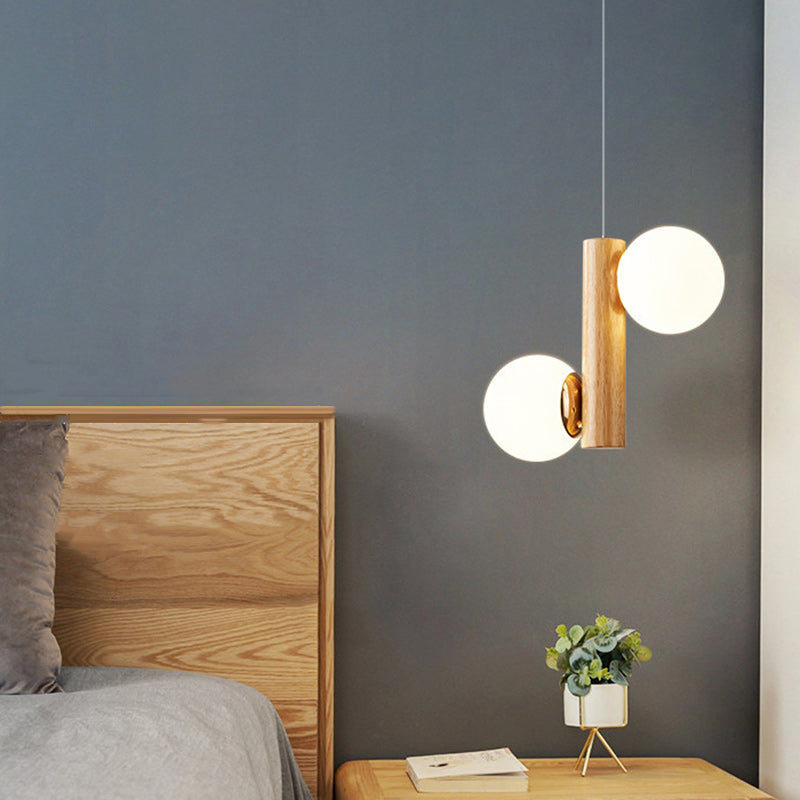 Moderne minimalistische Kugel Zylinder Eisen Glas Eiche Gummi Holz 2-Licht Pendelleuchte für Wohnzimmer 