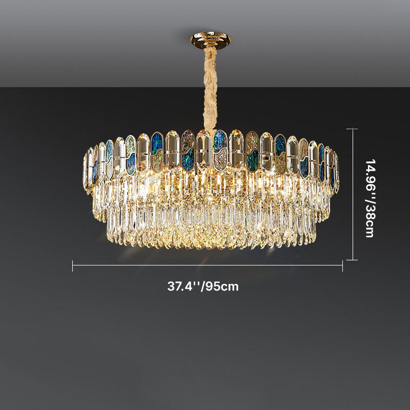 Modern Luxury Round Shell Embellishment Tiered Iron Crystal Shade 11/12/15/21/28-Light Chandelier For Living Room