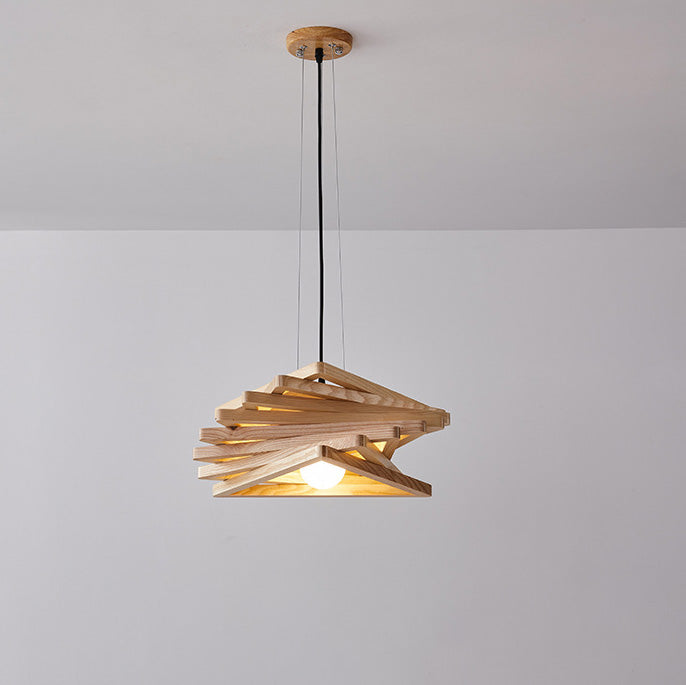 Traditional Japanese Wood Triangle Splicing Swirl 1-Light Pendant Light For Dining Room