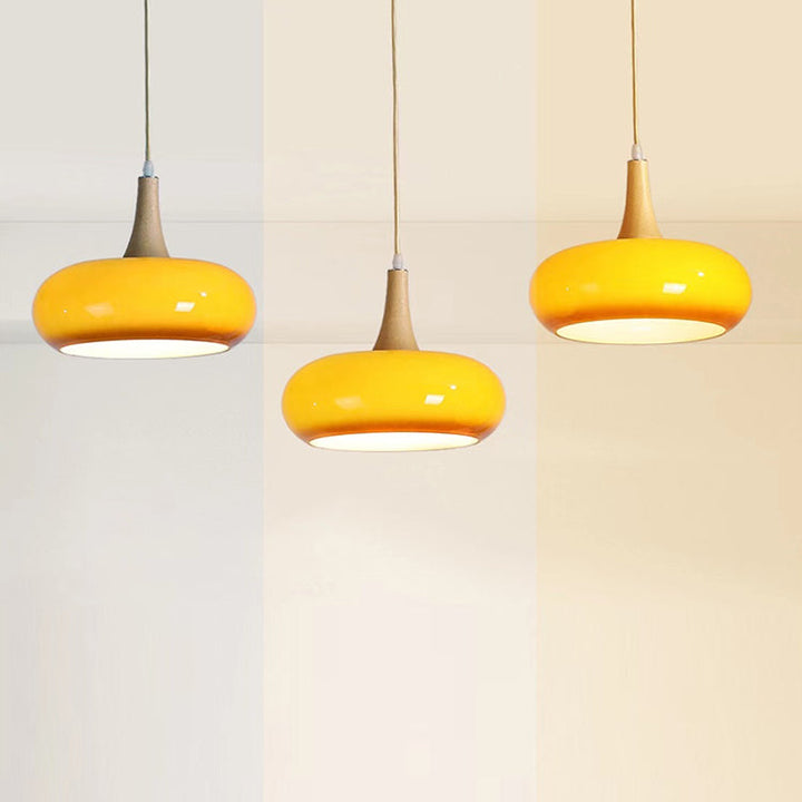 Zeitgenössische Einfachheit Persimmon Glas Form Holz 1-Licht Pendelleuchte für Wohnzimmer 