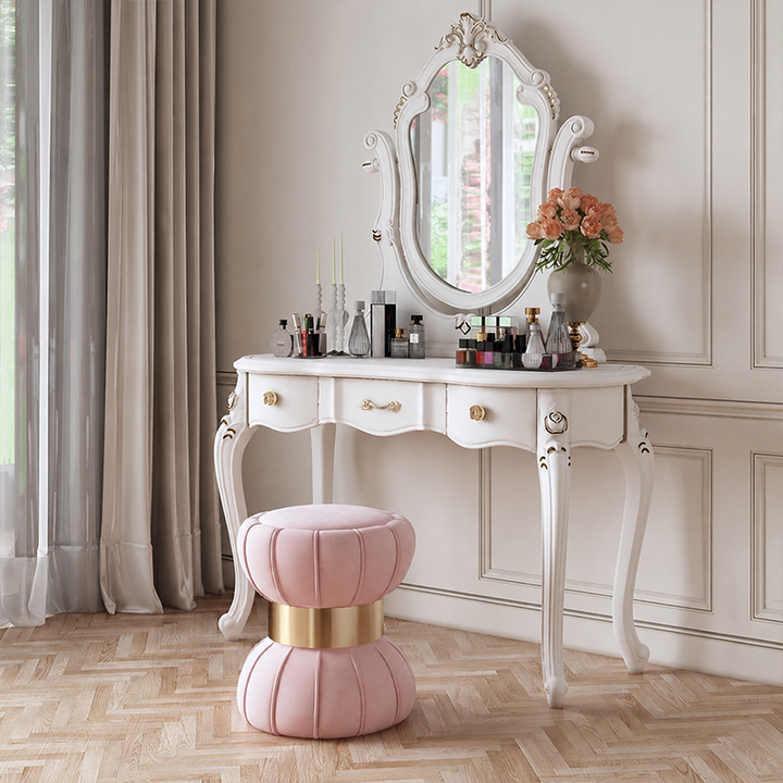 Modern Minimalist Round Velvet Plywood Titanium Gold Brushed Stainless Steel Vanity Stool Backless Armless For Bedroom