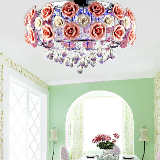 Moderne Minimaliste Rose Ronde Cristal Branche Cristal Fer 5/6 Lumière Plafonnier Pour Chambre 