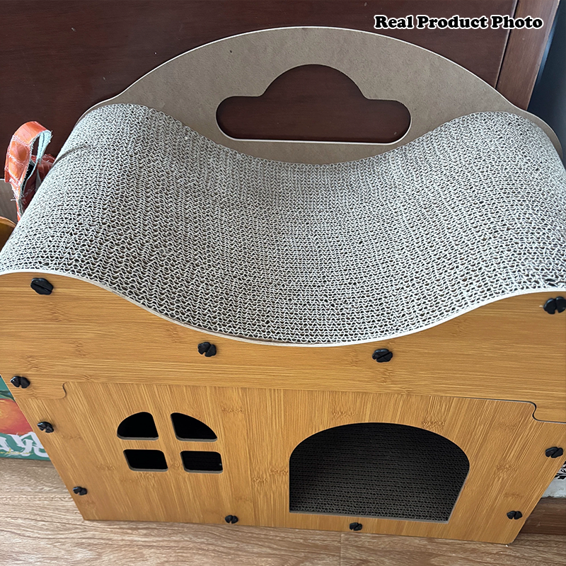 Traditionelle rustikale wellige rechteckige Hausform MDF Wellpappe Katzenbetten 1-Schrank für Wohnzimmer 