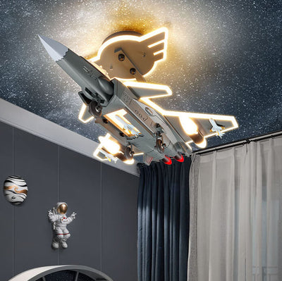 Contemporary Creative Hardware Resin Children's Aircraft LED Semi-Flush Mount Ceiling Light For Bedroom
