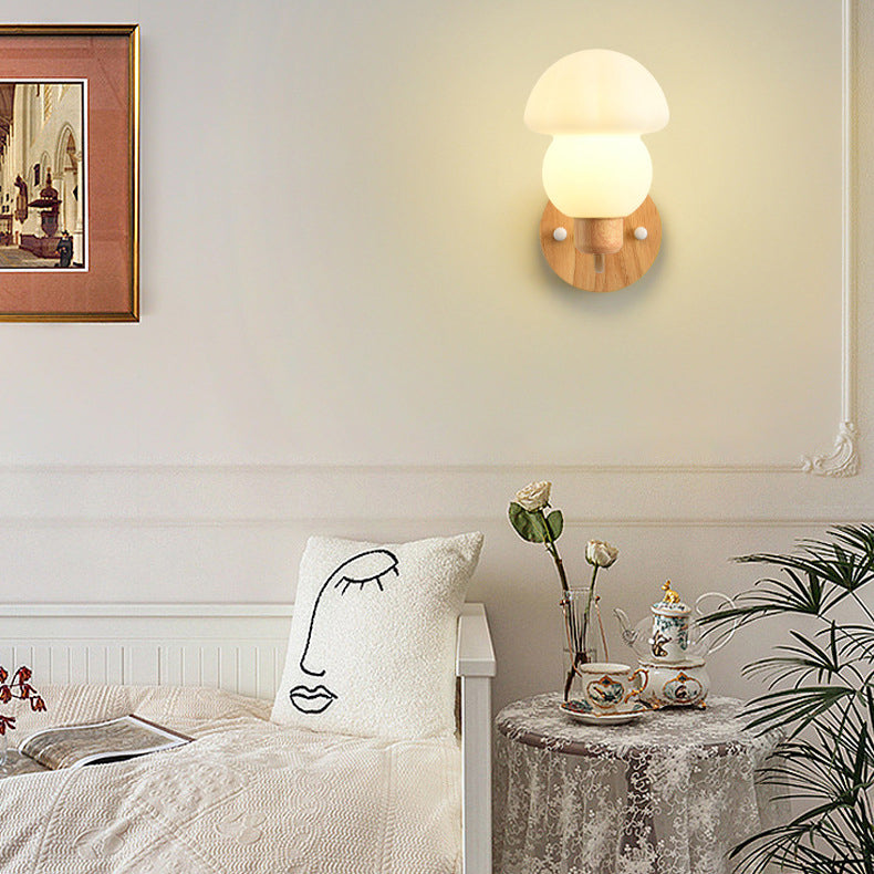 Contemporary Nordic Iron Wood PVC Mushroom 1-Light Wall Sconce Lamp For Bedside