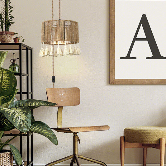 Moderne Küsten-Pendelleuchte mit runder Quaste aus Hanfseil und Rattan, 1 Licht, für Schlafzimmer 