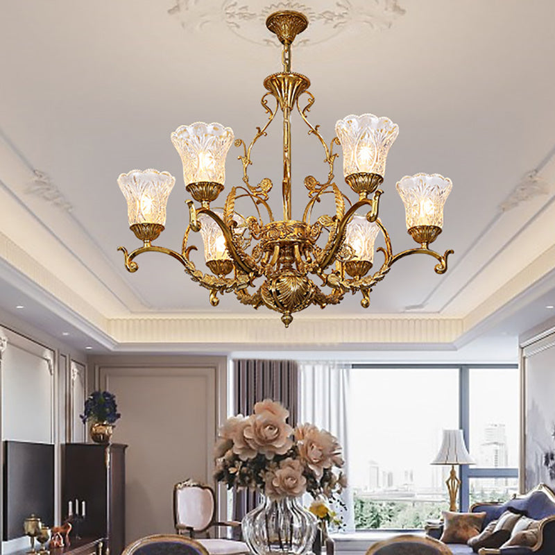 Traditioneller französischer Kronleuchter mit Blumenblattzweig, Glas und Kupfer, 6 Lichter für Schlafzimmer 