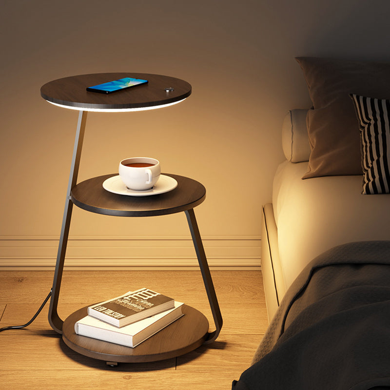 Table de chevet contemporaine nordique ronde en noyer et marbre avec fer, charge sans fil pour téléphone mobile, 2 niveaux pour le chevet 