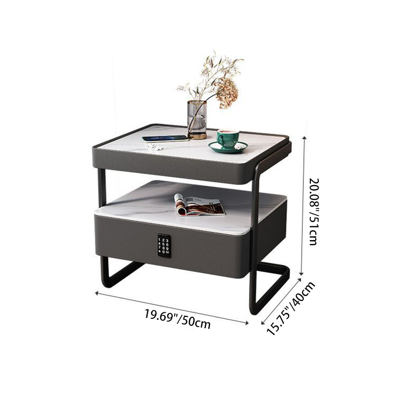 Table de nuit moderne minimaliste rectangulaire en verre trempé avec serrure et 1 tiroir pour chambre 