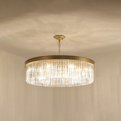 Zeitgenössischer Luxus-Kronleuchter mit Eisen-Finish, runder, abgestufter Kristallschirm, 8 Lichter, für Wohnzimmer 