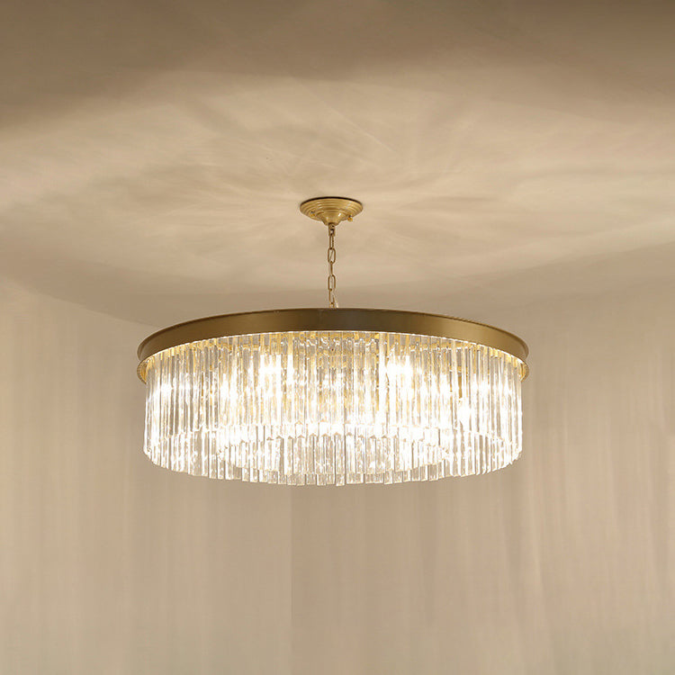Zeitgenössischer Luxus-Kronleuchter mit Eisen-Finish, runder, abgestufter Kristallschirm, 8 Lichter, für Wohnzimmer 