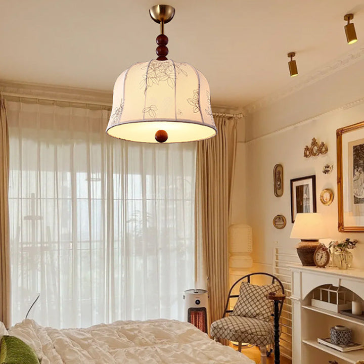 Lámpara colgante de 1 luz de tela floral redonda romántica francesa tradicional de madera y metal para dormitorio 