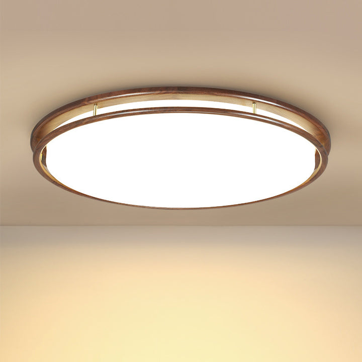Plafonnier LED rond géométrique minimaliste moderne en bois de noyer et acrylique pour salon 