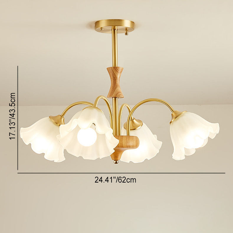 Lámpara de araña tradicional francesa redonda de cobre con vidrio y madera con 4/6/8 luces para sala de estar 