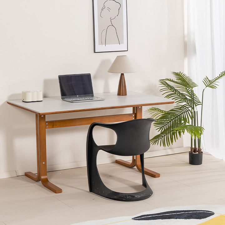 Table de salle à manger rectangulaire contemporaine rétro avec pieds incurvés en ardoise, bois et fer pour 4 places 
