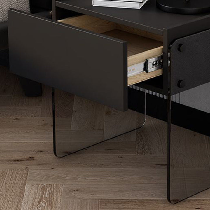 Mesita de noche rectangular moderna y minimalista de madera contrachapada y vidrio con 1 cajón para dormitorio 