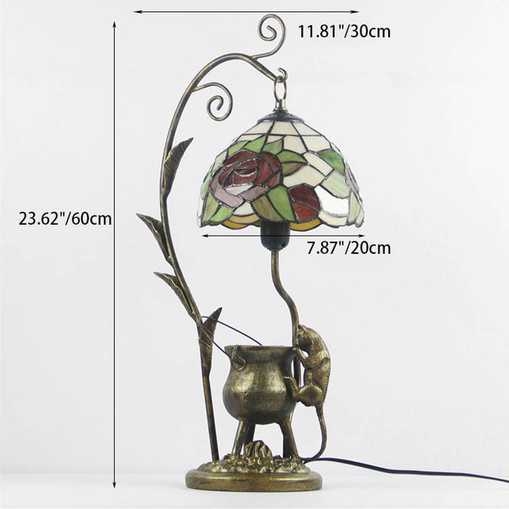 Traditional Tiffany Mouse Flower Resin Stained Glass 1-Light Table Lamp For Bedroom