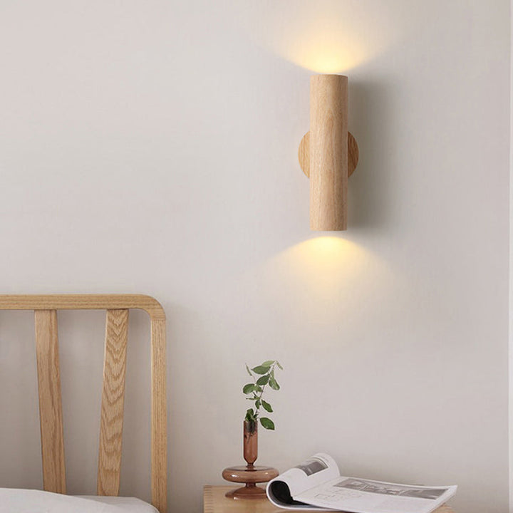 Applique murale LED en bois de caoutchouc cylindrique japonais traditionnel pour chambre à coucher 