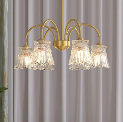 Zeitgenössische Retro gebogene Stange Blume Tasse Kupfer Glas 3/5/6 Licht Kronleuchter für Wohnzimmer 