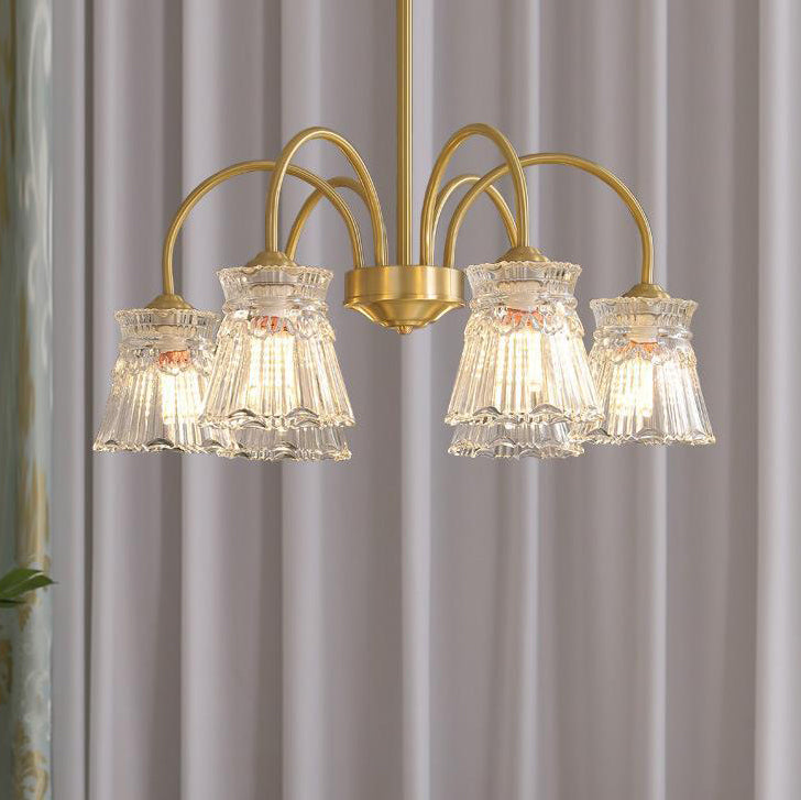 Zeitgenössische Retro gebogene Stange Blume Tasse Kupfer Glas 3/5/6 Licht Kronleuchter für Wohnzimmer 