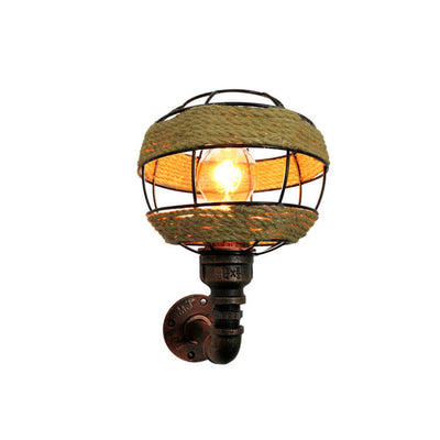 Industrial Hemp Rope Weaving Iron Sphere 1-Light Wall Sconce Lamp