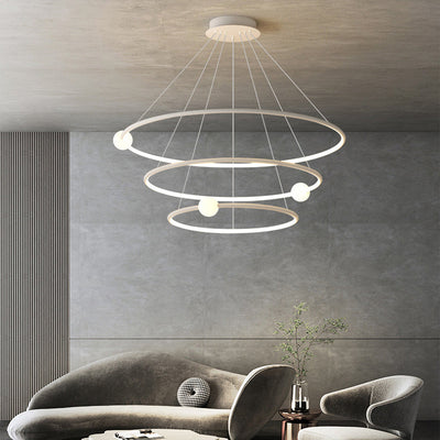 Moderner minimalistischer mehrstufiger Kreis aus Aluminium, Eisen und Silikon, LED-Kronleuchter für Wohnzimmer 