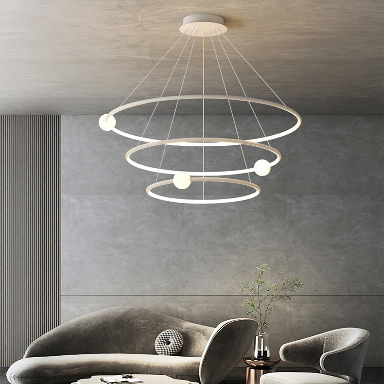 Moderner minimalistischer mehrstufiger Kreis aus Aluminium, Eisen und Silikon, LED-Kronleuchter für Wohnzimmer 
