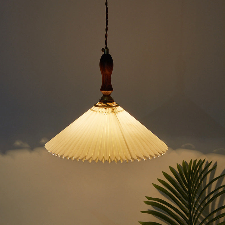 Vintage 1-Light Pleated Fabric Conical Pendant Light