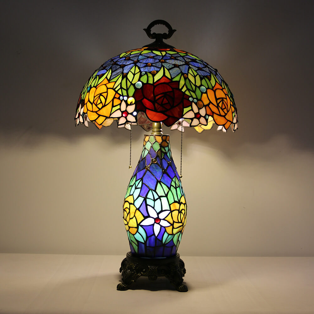 Tiffany Vintage Rosenblume Dekor Buntglas Kuppel 2-Licht Tischlampe 