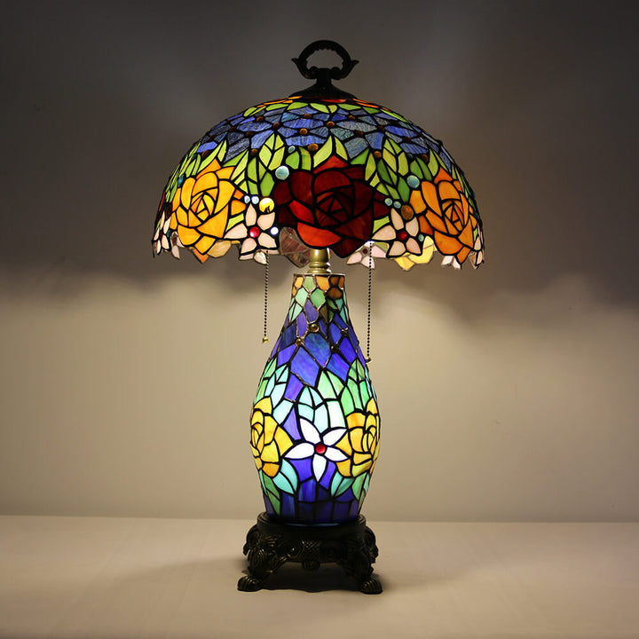 Tiffany Vintage Rosenblume Dekor Buntglas Kuppel 2-Licht Tischlampe 