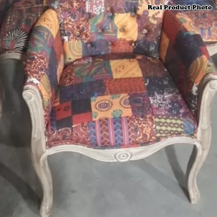 Chaise d'accent en bois massif avec tissu vintage traditionnel carré demi-rond, dossier et accoudoirs pour salon 