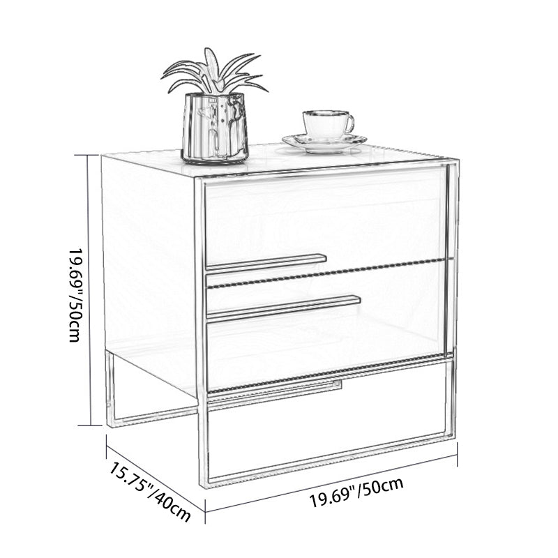 Table de nuit moderne en bois massif cubique avec cadre en acier inoxydable à 2 tiroirs pour chambre 
