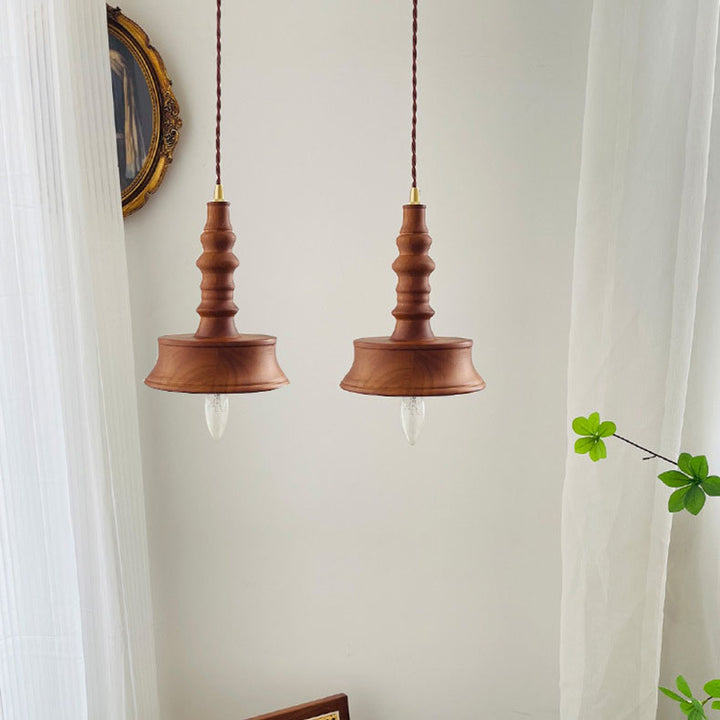 Suspension japonaise traditionnelle en cône de cuivre et bois massif à 1 lumière pour chambre 
