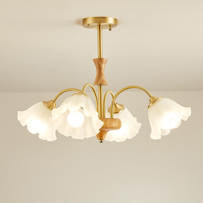 Lámpara de araña tradicional francesa redonda de cobre con vidrio y madera con 4/6/8 luces para sala de estar 