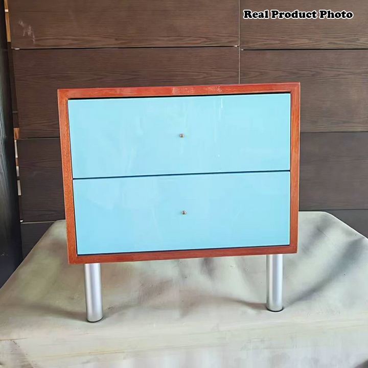 Contemporary Scandinavian Rectangular Crabapple Plywood Zinc Alloy Nightstand 2-Drawer For Bedroom