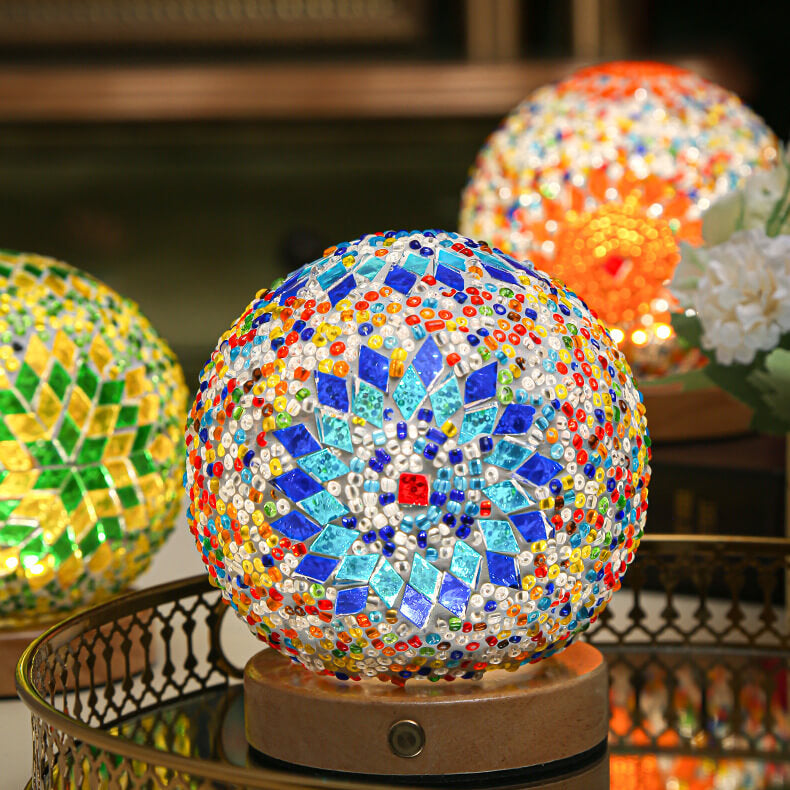Zeitgenössische Boho Orb Holz Glas USB LED Tischlampe für Schlafzimmer 