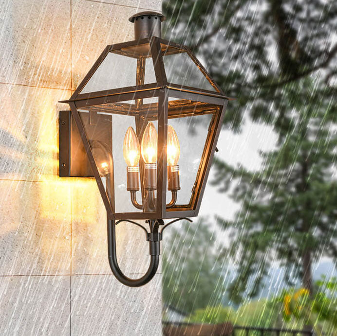 Industrial Waterproof Glass Lantern Iron 3-Light Outdoor Wall Sconce Lamp