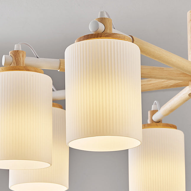 Zeitgenössischer nordischer Zweigzylinder-Kronleuchter aus Gummibaumholzglas mit 8 Lichtern für das Wohnzimmer 