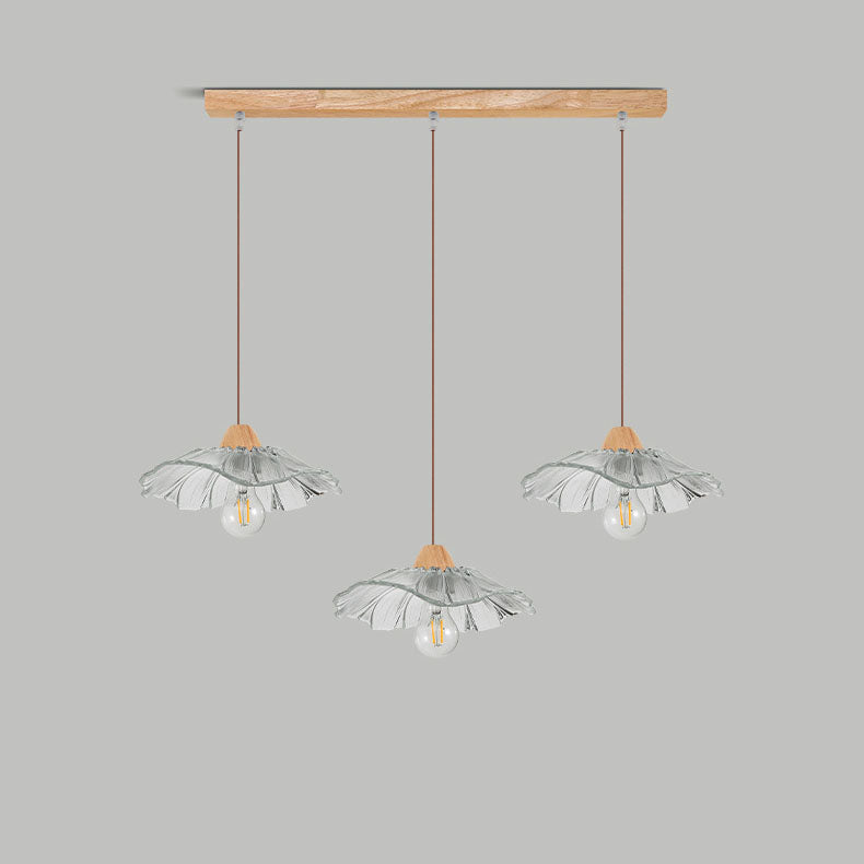Art déco moderne en bois avec abat-jour en verre en forme de feuille de lotus, lustre à 1/3 lumières pour chambre à coucher 